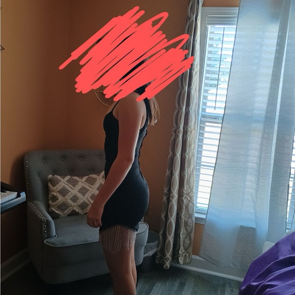 Tight Black Homecoming Dress with Silver Sparkly Strands on the Left Side - Picture 2 of 2